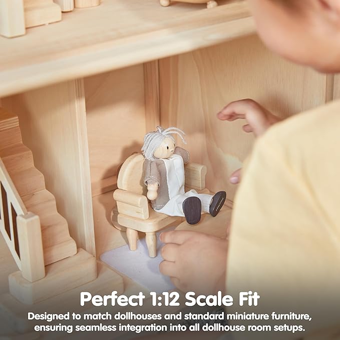 PlanToys® Grandfather Dollhouse Figure - Fair Skin Tone | Poseable 1:12 Scale Dollhouse People | Montessori Pretend Play Doll with Bendable Arms & Legs | Eco-Friendly Wooden Figurine for Kids