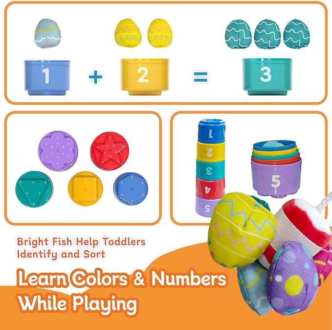 Montessori Toys for 1 2 Year Old, Toddler Egg Fishing Game with Stacking Cups, Soft Farm Learning Toy for Counting, Color Sorting, Fine Motor Skills, Easter Birthday Gift - Image 6