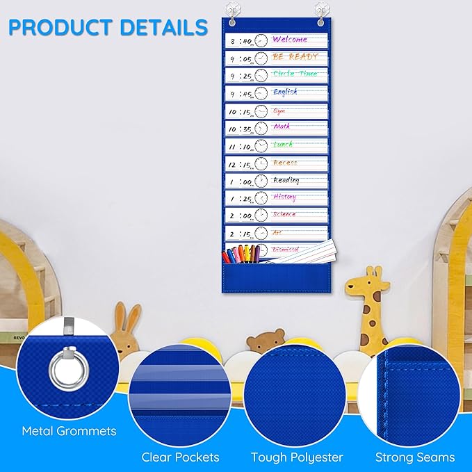 ZKOO Daily Schedule Pocket Chart, 13+1 Pocket with 18 Dry-Erase Cards Blue - Image 6