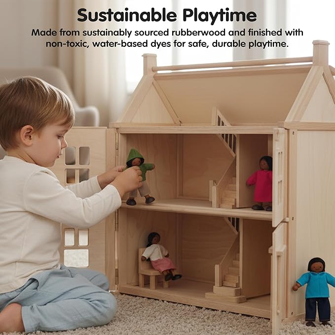 PlanToys® Wooden Dollhouse Family Set – Medium Skin Tone | Father, Mother, Son & Daughter Poseable Figurines | 1:12 Scale Wooden Dollhouse Accessories for Pretend Play