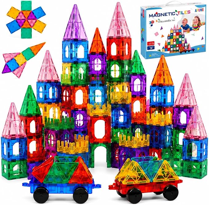 AFUNX 102PCS Magnetic Tiles for Kids,Strong Magnets,3D Clear STEM Toys by AFUNX