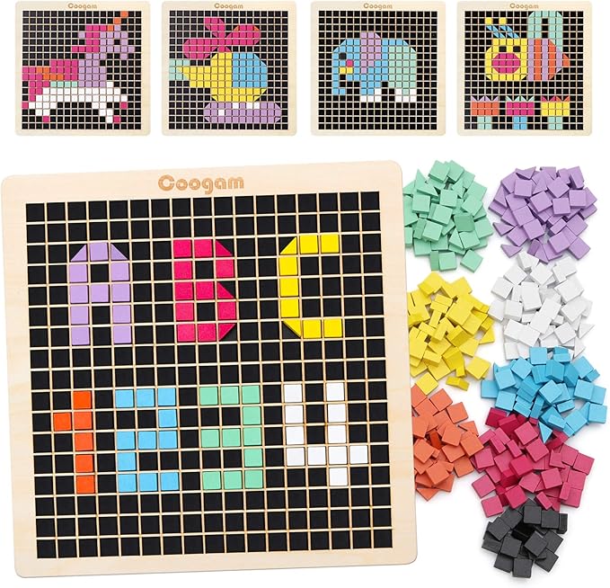 Coogam Wooden Mosaic Puzzle, 370PCS Shape Pattern Blocks with 8 Colors, Pixel Board Game Montessori STEM Toys Gift for Kids Toddlers Boys Girls Ages 4 5 6 7 Years Old by Coogam