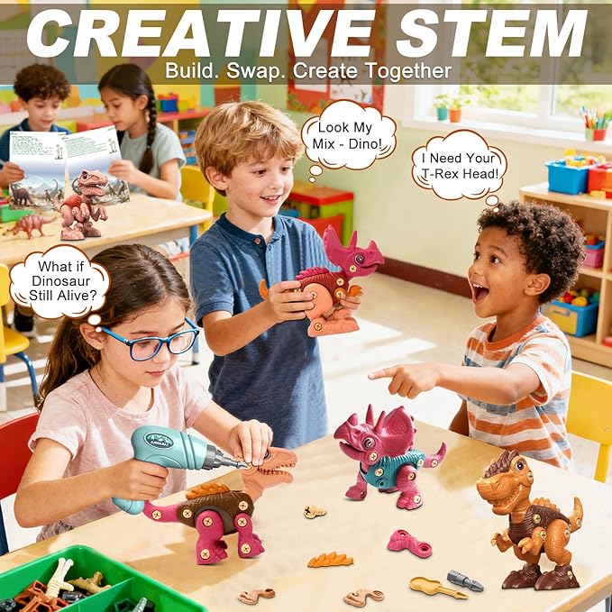 Laradola Dinosaur Toys for Kids Aged 3 4 5 6 7 8 Year Old, Kid Boys Girls, Take Apart STEM Construction Building with Electric Drill, Party Christmas Birthday Gifts Blush Pink RS009-2