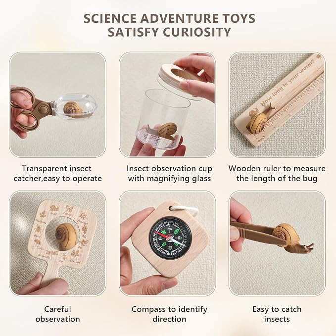 Montessori Wooden Bug Catcher Kit for Kids - 8-in-1 Outdoor Explorer Set with Habitat, Net & Magnifying Glass STEM Learning Toys for Ages 3-8 Nature Gift for Boys & Girls - Image 7