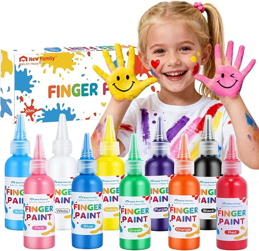 NewFamily Washable Finger Paint for Toddlers & Kids, 10 Large 2 fl oz (60 ml) Bottles, Non-Toxic Finger Paint, Mess-Free Squeeze Bottles, Art Supplies for Home, Preschool & Classroom