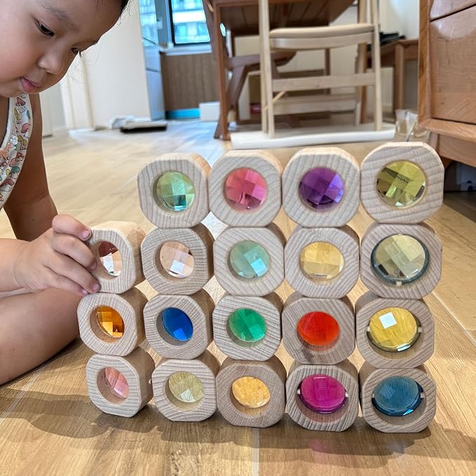 20PCS Wooden Gem Blocks Stacking Toys,Colorful Acrylic Windows Blocks, Rainbow Crystal Acrylic Building Cubes Educational Sensory Training Crystal Toys (20PCS Round Gem Blocks) - Image 4
