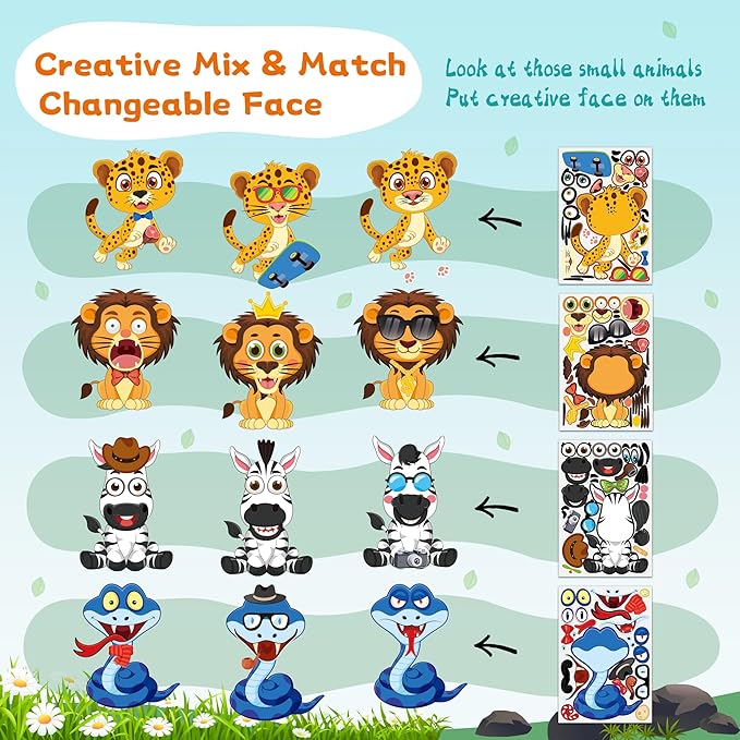 Animal Stickers for Kids - 48 Pcs Safari Birthday Decorations Wild Zoo Jungle Stickers Party Decorations Favors Supplies Crafts for Kids Toddler Student Preschool Kindergarten Gift from Teacher
