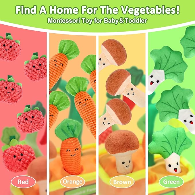 Baby Toys for 6-12 Months, Fruits Vegetables Plush Montessori Toys, Color Shape Sorting Crinkle Rattle Textures Sensory Toy, Fine Motor Skills Christmas Baby Gift for 0+ Boys Girls