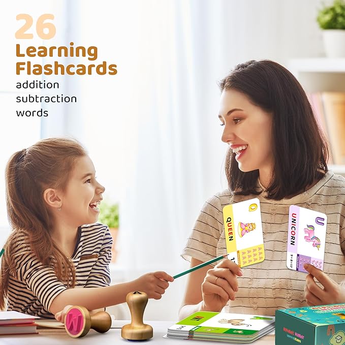 ‌Wooden Alphabet & Number Stampers Set with 7-Color Ink Pad | ABCs 123s Learning Stamps & Flashcards | Preschool Homeschool Classroom Supplies Gift for Ages 3+