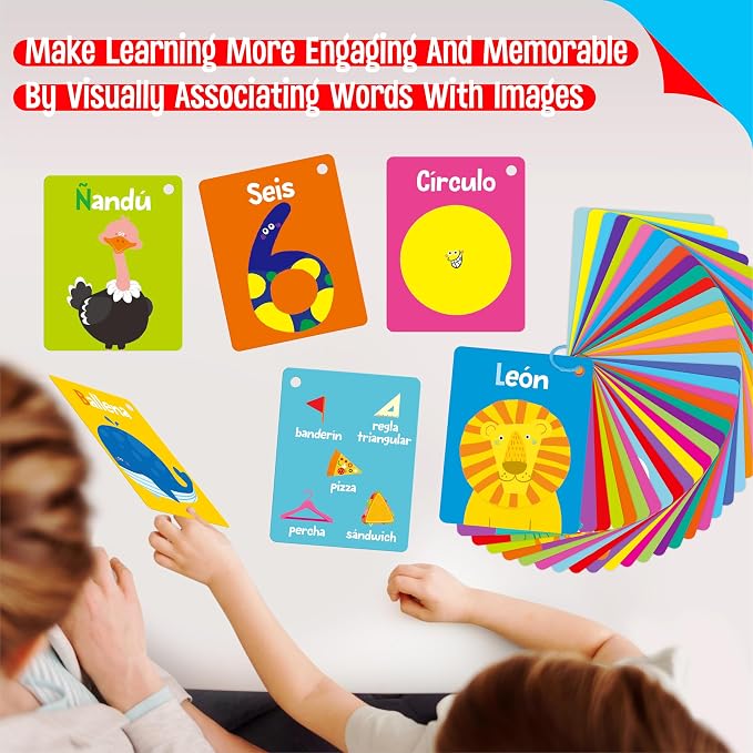 110 PCS Early Learning Flashcards, Double-Sided Spanish Cards- Alphabet, Numbers, Foods, Animals, Shapes, Colors, Emotions with 4 Reclosable Rings, Learning Tool for Pre-K Kindergarten Toddlers - Image 7