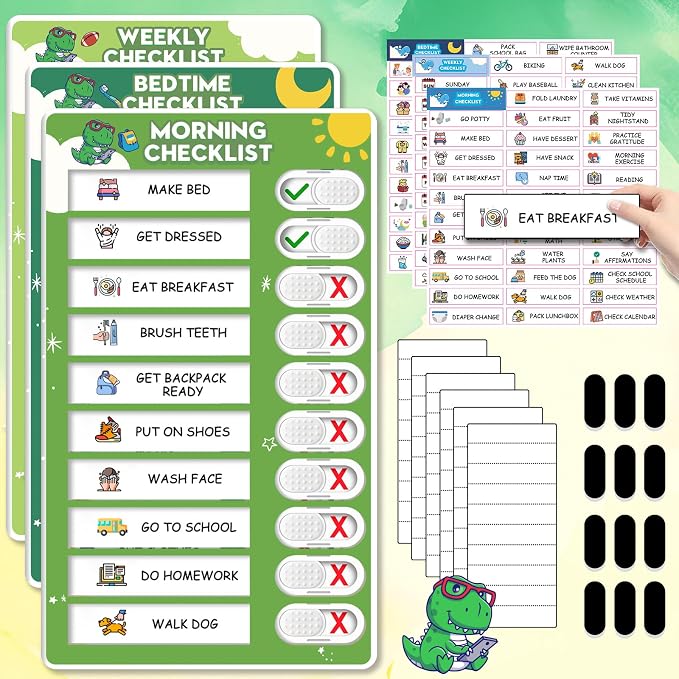 3 in 1 Upgraded Slider Bedtime/Morning/Weekly Routine Chart for Kids, Magnetic Chore Chart for Kids with Cute Chore Stickers, Cute Visual Schedule for Kid by BOXVERIA