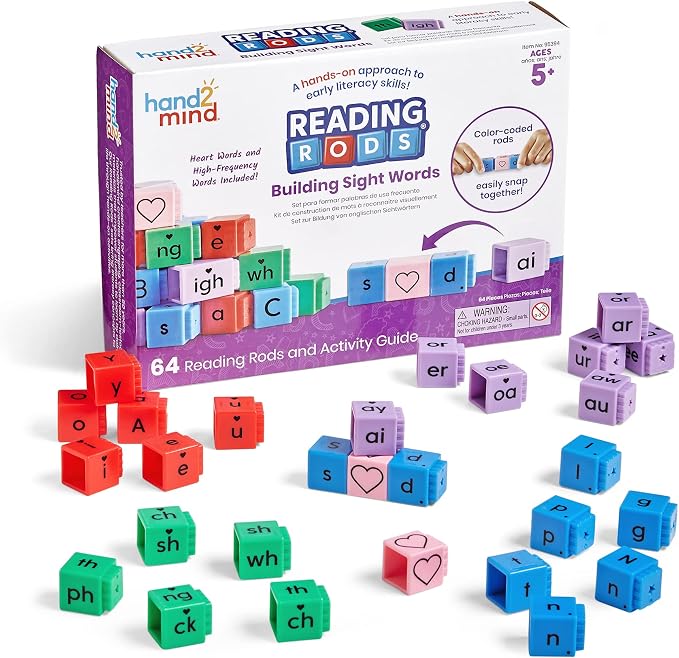 hand2mind Reading Rods Building Sight Words, Word Building Activities, Letter Blocks, Sight Words Kindergarten, CVC Words Spelling Toys, Reading Tools for Kids, Science of Reading Manipulatives by hand2mind