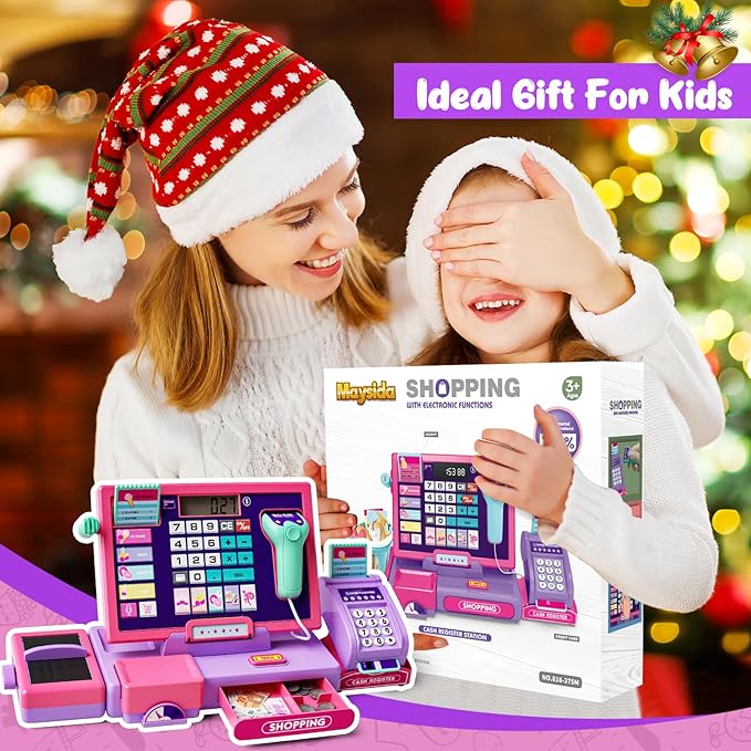 Upgraded Kids Cash Register Toy for Boys Girls, Toddler Pretend Play Cashier Register with Shop Accessories, Calculator Cash Register with Scanner/Credit Card (Pink)