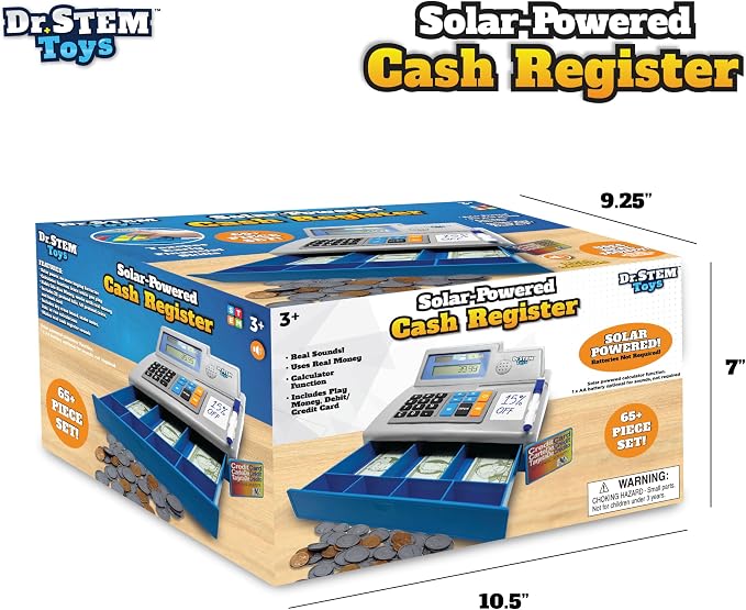 Dr. STEM Toys Solar Powered Calculator Pretend Cash Register with Play Money – 67-Piece Set for Learning Math Skills, STEM Cash Register for Kids (Gray) - Image 2