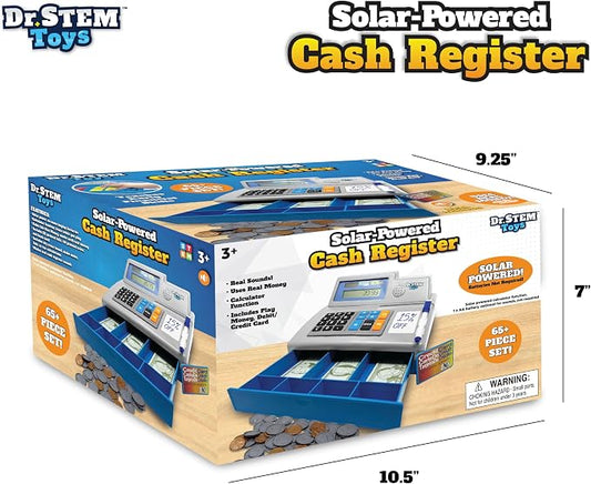 Dr. STEM Toys Solar Powered Calculator Pretend Cash Register with Play Money – 67-Piece Set for Learning Math Skills, STEM Cash Register for Kids (Gray) - Image 2