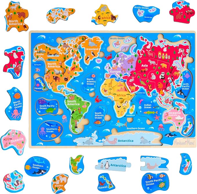 Montessori Mama World Map Wooden Puzzle, Continents and Oceans Puzzles for Kids Ages 4-6. Perfect Educational Toys for 4 Year Old Including Global Landmarks, Animals and Marine Life by MontessoriMama