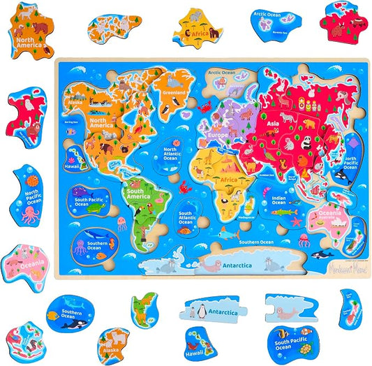 Montessori Mama World Map Wooden Puzzle, Continents and Oceans Puzzles for Kids Ages 4-6. Perfect Educational Toys for 4 Year Old Including Global Landmarks, Animals and Marine Life by MontessoriMama
