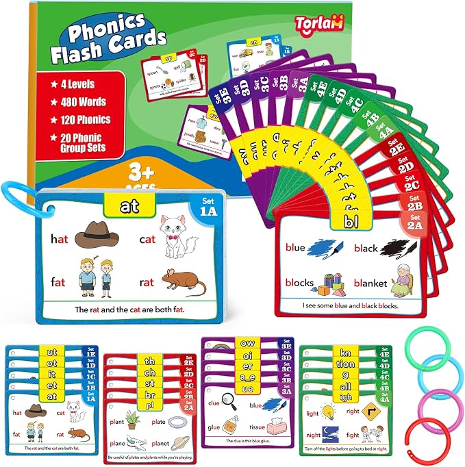 Torlam Phonics Flash Cards Learn to Read Spelling Reading Sight Words Phonics Games, Digraphs CVC Blends Long Vowel Sounds Kids Dolch Fry Site Words for Pre-k Kindergarten 1st 2nd 3rd Homeschool by Torlam