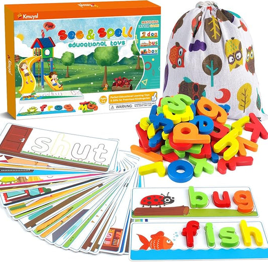 KMUYSL Learning Toys for 3 4 5 6 Years Old Boys and Girls - See & Spell CVC Word Builders with Alphabet Cards for Kids, Preschool Learning Activities Toys, Idea Birthday Gifts for Age 3-5 4-6 Kids by KMUYSL