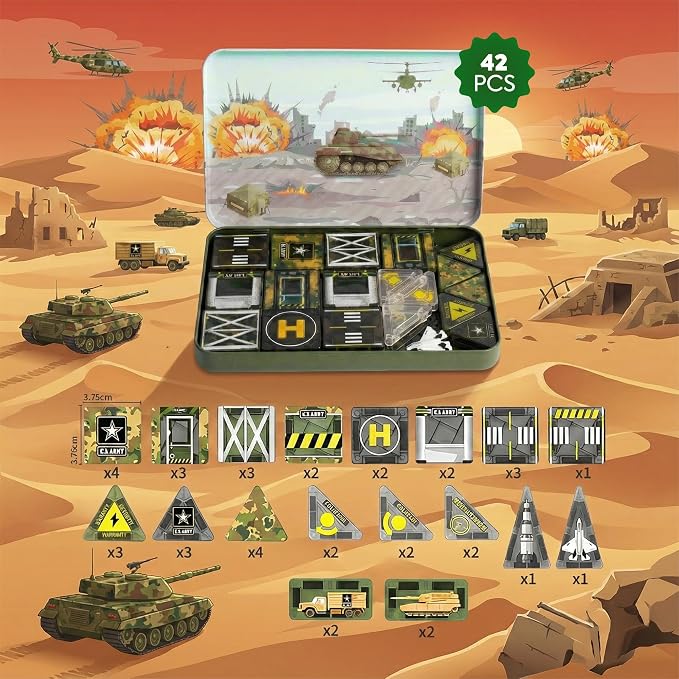 42PCS Mini Magnetic Tiles Army Base Travel Set with Iron Box - Image 4