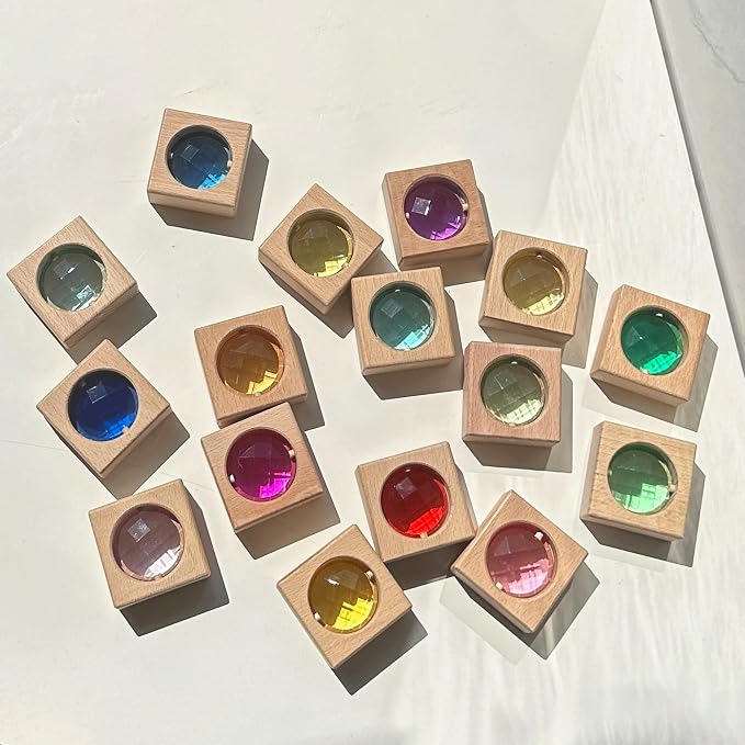 16PCS Acrylic Wooden Gem Blocks, Sparkling Acrylic Colorful StackingToys, Open Ended Play Montessori Educational Toys (16PCS Square Gem Blocks) - Image 5