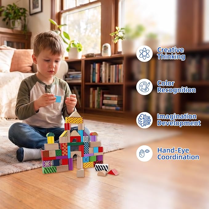 Offelec 50 Pcs Wooden Building Blocks Set with Storage Bucket, Montessori Stacking Blocks & Shape Sorting Toys for Toddlers, Preschool Learning Toys for Boys & Girls, Kids Brightly Colored Blocks - Image 7