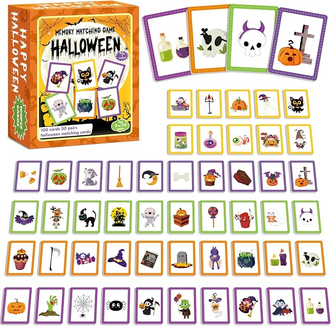 gisgfim 100 PCS Memory Matching Game Happy Halloween Concentration Memory Games Card for Kids Educational Ages 3-8 A Fun & Fast Halloween Theme Matching Games by gisgfim
