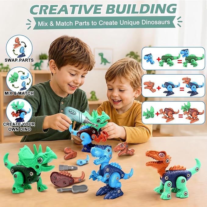 Take-Apart Dinosaur Toys for Boy 4-6: 85 Piece 3 Pack Dino & Electric Drill - Image 7