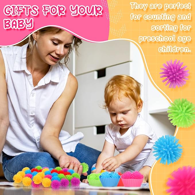 Leitee 90 Pcs Fine Motor Skills Counting Sorting Sensory Bin Filler Toy Set Matching Game Include 72 Hedge Ball 4 Tweezer 2 Scissor Clip 12 Sorting Cup for Preschool Education Train Development - Image 4