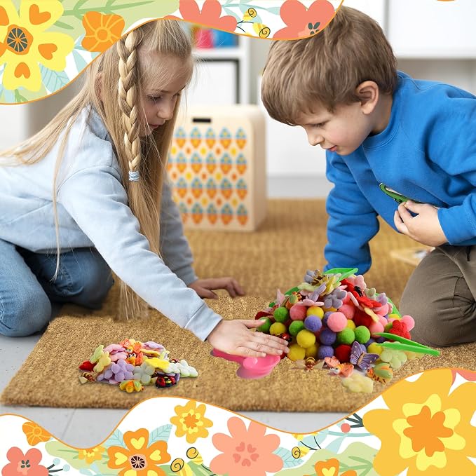 225pcs Spring Sensory Bin Filler Fine Motor Toys Flowers Insects Sensory Bin Items Bee Dragonfly Butterfly Beetle Ladybug Felt Easter Flowers Pom Poms for Color Counting Sorting - Image 5