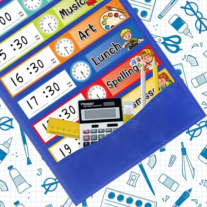 Daily Schedule Pocket Chart Kit,40 Bright Attractive Double-Sided Reusable Erasable Cards,1 Title Card,13+1 Scheduling Pocket Chart with 2 Hangers for Classroom Office Home Preschool Learning (Blue) - Image 7