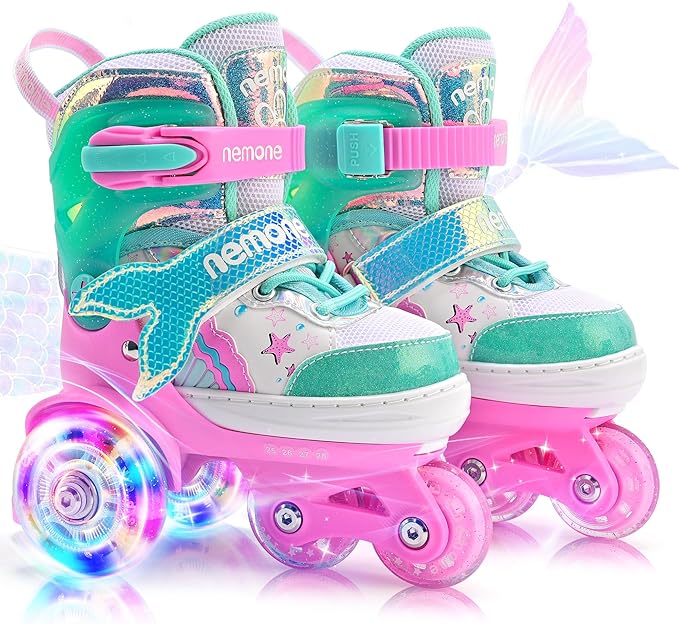 NEMONE Mermaid 4 Size Adjustable Light up Roller Skates for Girls, Purple Blue Skates for Toddlers, Beginner Kids Butterfly Roller Skates Indoor Outdoor