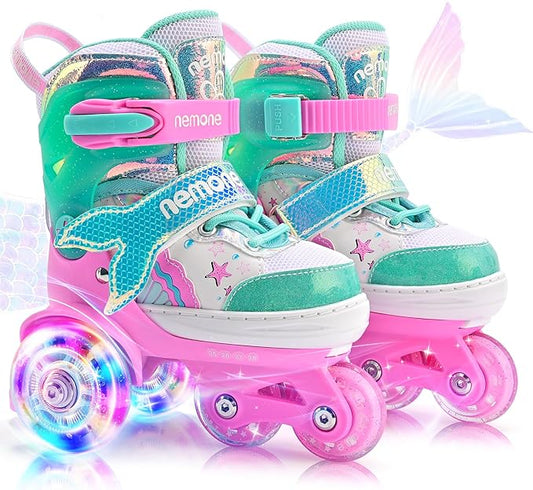 NEMONE Mermaid 4 Size Adjustable Light up Roller Skates for Girls, Purple Blue Skates for Toddlers, Beginner Kids Butterfly Roller Skates Indoor Outdoor
