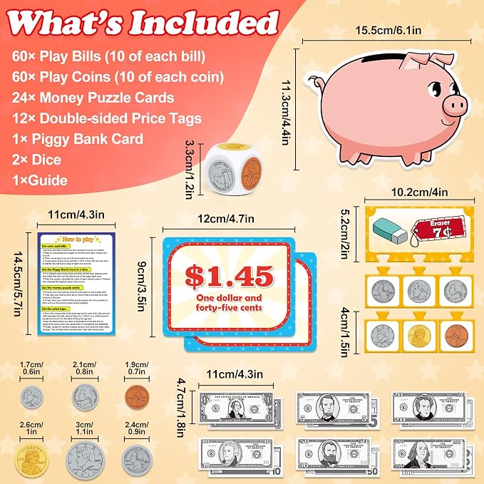 Kasfalci 140 PCS Money for Kids for Learning, Back to School Supplies,Math Manipulatives, Learning & Education Toys for Classroom, Pretend Play, Teacher and Homeschool Supplies - Image 6