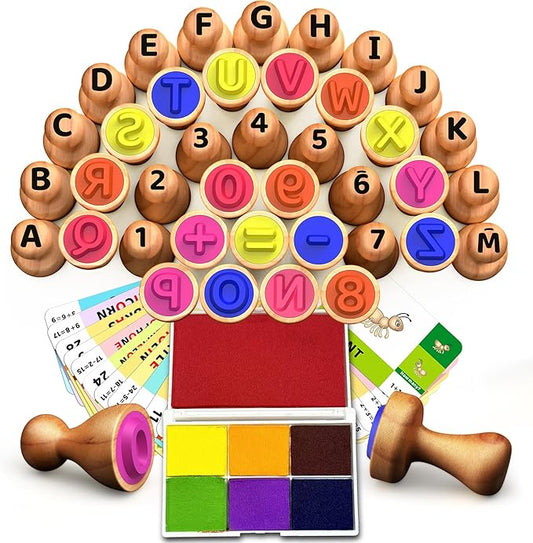 ‌Wooden Alphabet & Number Stampers Set with 7-Color Ink Pad | ABCs 123s Learning Stamps & Flashcards | Preschool Homeschool Classroom Supplies Gift for Ages 3+