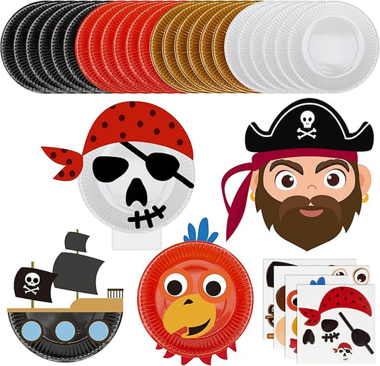 24 Pack Arts and Crafts Kits for Kids, DIY Creative Pirate Paper Plate Craft Kit, Make Your Own Pirate Plate Crafts Sets, Fun Preschool Classroom Birthday Party Art Activities for Boy & Girl