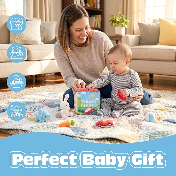 Baby Toys 6-12 Months - Mystery Soft Box with 8 Sensory Plush, Whats Inside Box with Rattle, Crinkle, Mirror, Montessori Toys for Toddlers 1-3, Early Development Christmas Birthday Gift