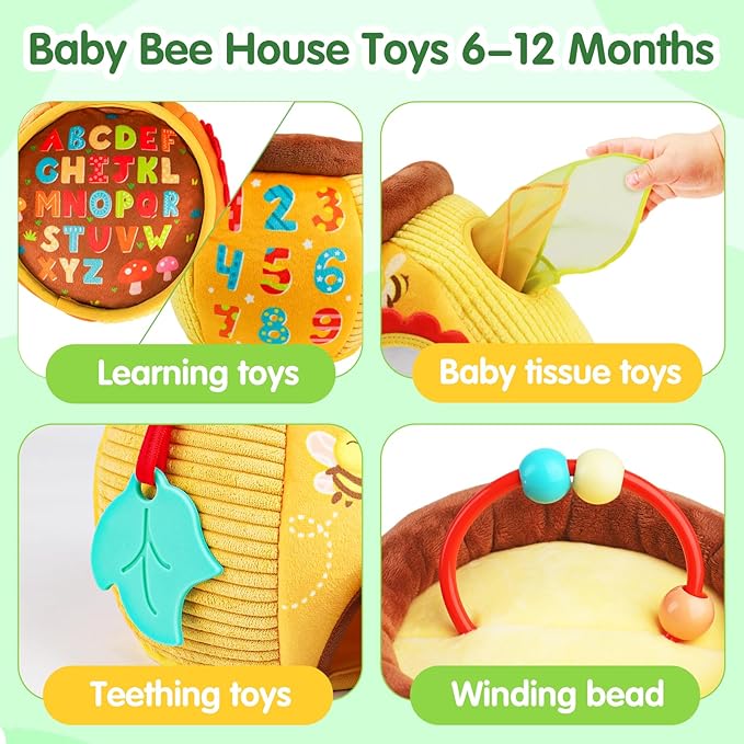 Baby Toys 6-12 Months - Soft Beehive with 5 Sensory Stuffed Animals, Rattle, Crinkle & Mirror, Montessori Toys for 6 7 8 9 10 Month Old Baby Boy Girl Shower Gifts Christmas Stocking Stuffers Ages 0-2