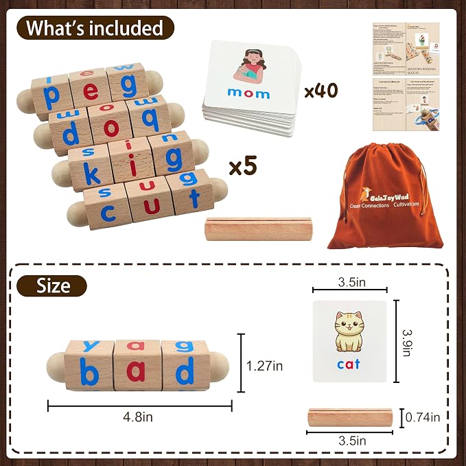 Phonics Games for Kids Ages 2-4, CVC Word Games Kindergarten, Wooden Reading Blocks Toys, Montessori Learning Toys for 3-6 Years Old, Preschool Educational Activities Gift for Boys Girls - Image 2