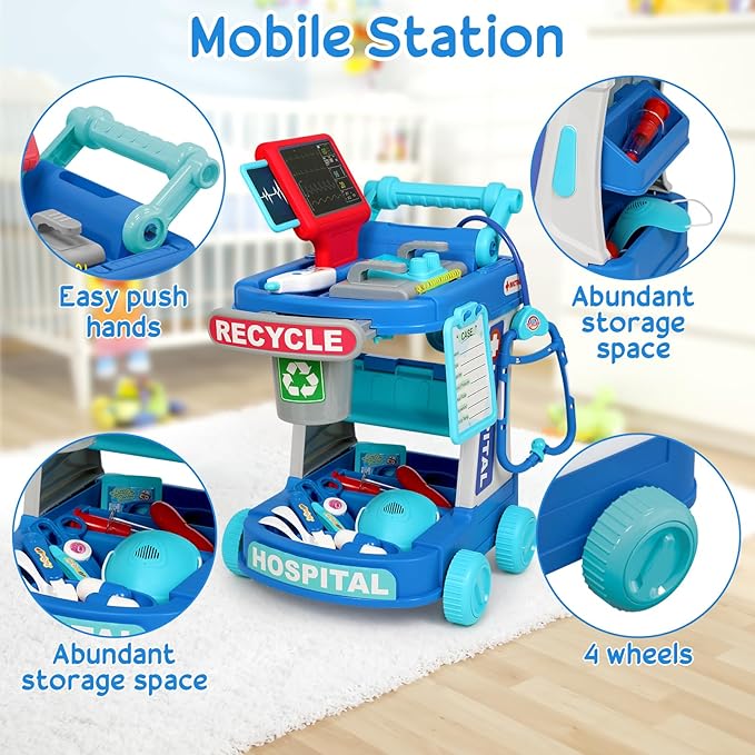 Doctor Kit for Toddlers 3-5 With 21pcs Medical Kit Toy Doctor Cart Stethoscope and Other Accessories Boy and Girl Fun Role Playing Game Dentist Toy Kids Pretend Play Girls Toys for 3 4 5 Birthday Gift