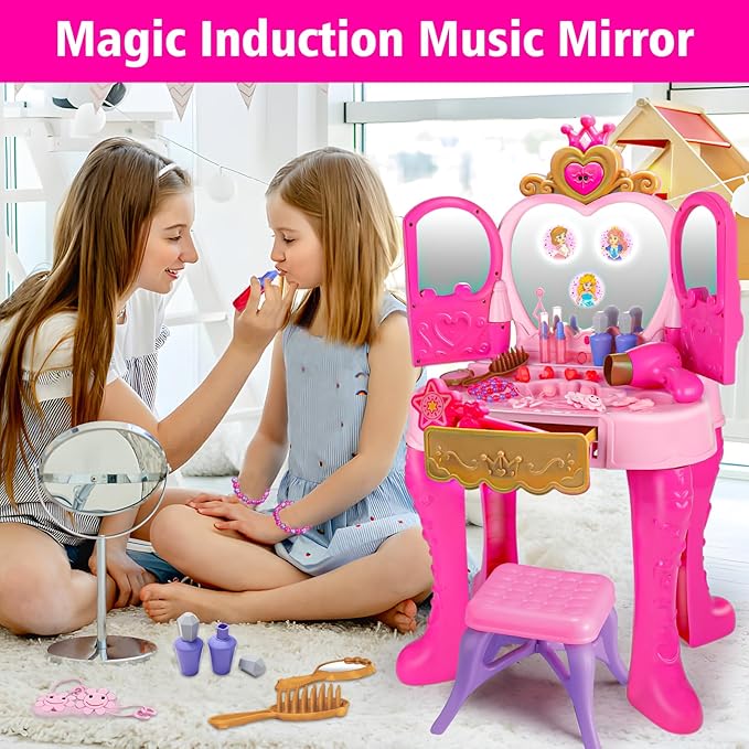 Toddler Vanity Magic Makeup Set Table and Chair Girl Toy Automatically Mirror with Music Light Pink Toys for 3 4 5 Year Old Girls Hair Salon Pretend Play Princess Dress Up Playset Gift Toddler 3-5