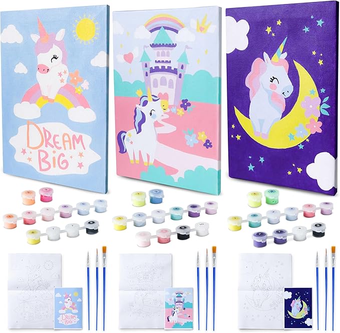 BONNYCO Paint by Numbers Kit for Kids Unicorns Pack 3 Canvas. Paint by Number, Canvas Framed Pre Drawn. Unicorn Gifts for Girls, Arts and Kids Crafts 4-6 8-12. Pintar por Numeros, Unicorn Craft
