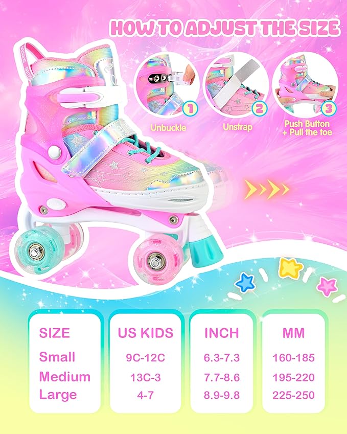 NEMONE Mermaid 4 Size Adjustable Light up Roller Skates for Girls, Purple Blue Skates for Toddlers, Beginner Kids Butterfly Roller Skates Indoor Outdoor