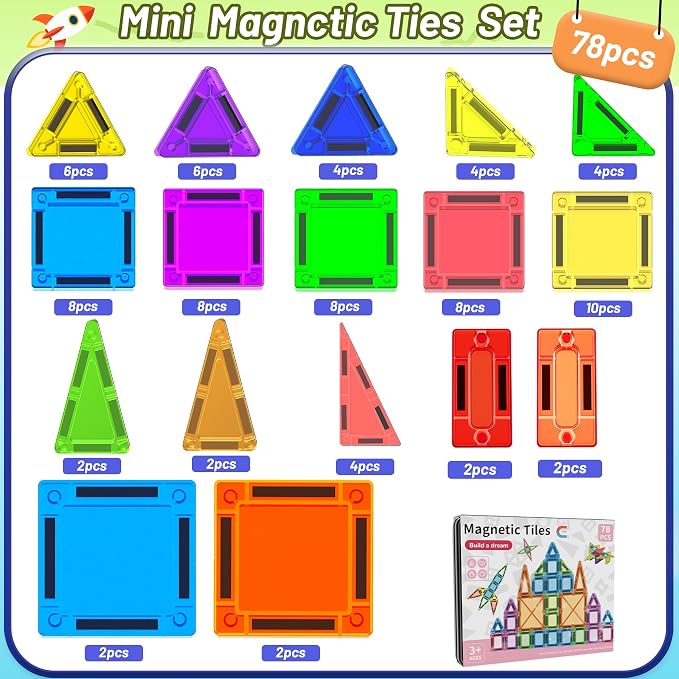 Mini Magnetic Tiles,78PCS Travel Magnetic Tiles Set with Iron Box,Portable Building Blocks for Kids Ages 3+,Car Airplane Travel Essentials Kids Toy,Creative STEM Toys Birthday Gift for Boys & Girls - Image 7