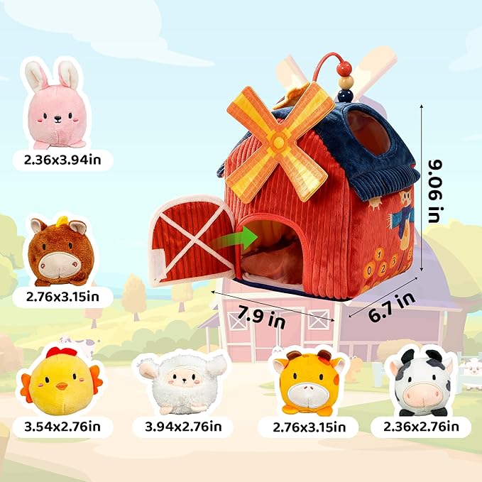 brenzo Barnyard Baby Toys 6-12 Months, 7-Piece Montessori Sensory Playset Babies 0-3, Tummy Time Companion w/ 6 Farm Animals, Rattle, Crinkle, Squeaker & Mirror, Ideal Newborn Toddler Christmas Gift