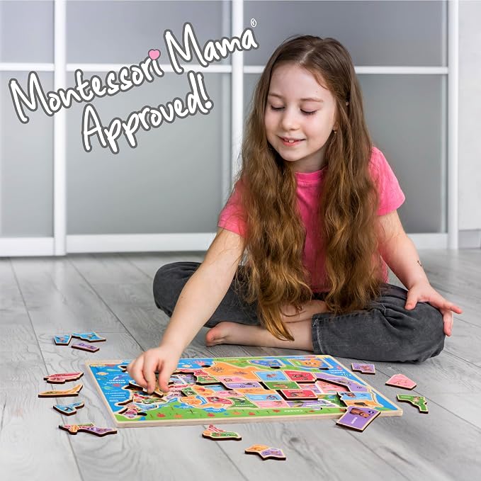 Montessori Mama USA Map Wooden Puzzle, Puzzles for Kids Ages 4-6 Educational Toys for 4 Year Old Kids Puzzles Ages 5-8 Landmarks, Animals, Capitols and States - Image 6