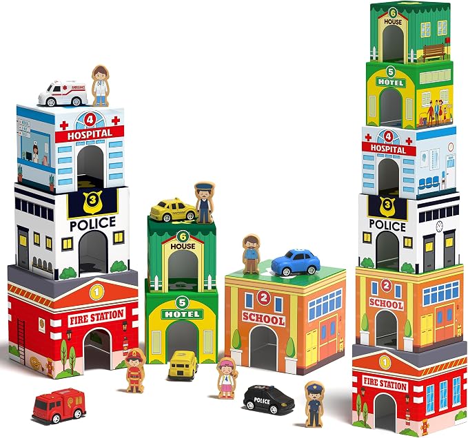 Coogam Montessori Sorting & Stacking Blocks with Nesting Garages Cars by Coogam