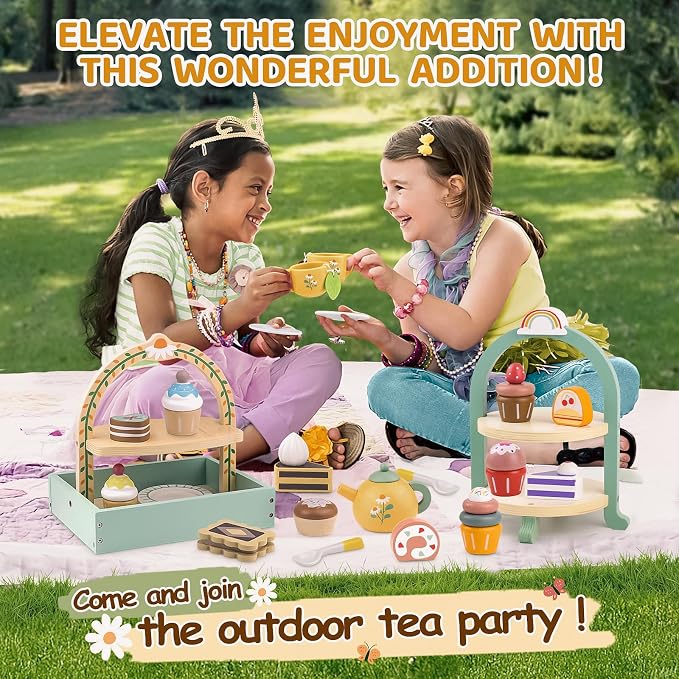 Wooden Tea Sets for Little Girls Play Food Cake Pretend Play Toys - Image 5