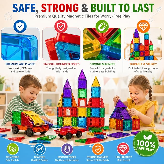 ME JO 100 PCS, Magnetic Building Blocks for Kids, Magnetic Tiles, STEM Educational Toy with Car Base, Strong Magnets Construction Set for Toddlers & Kids Birthday Gifts 3 4 5 6 7 8 9 + - Image 2