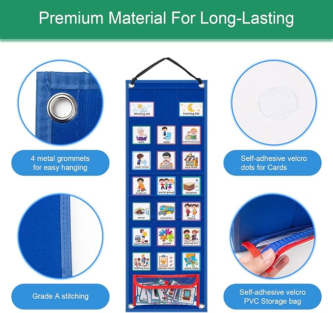 KIKIGOAL Kids Visual Schedule Calendar Chart, 2 in 1 Autism Daily Chore Routine Chart with 70 Cards Autism Learning Materials Kids Visual Behavioral Tool Wall Planner for Home School (Blue) - Image 4